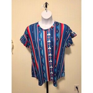 Southern Stitch Women's L Blue Red White Striped Ruffle Short Sleeve Blouse